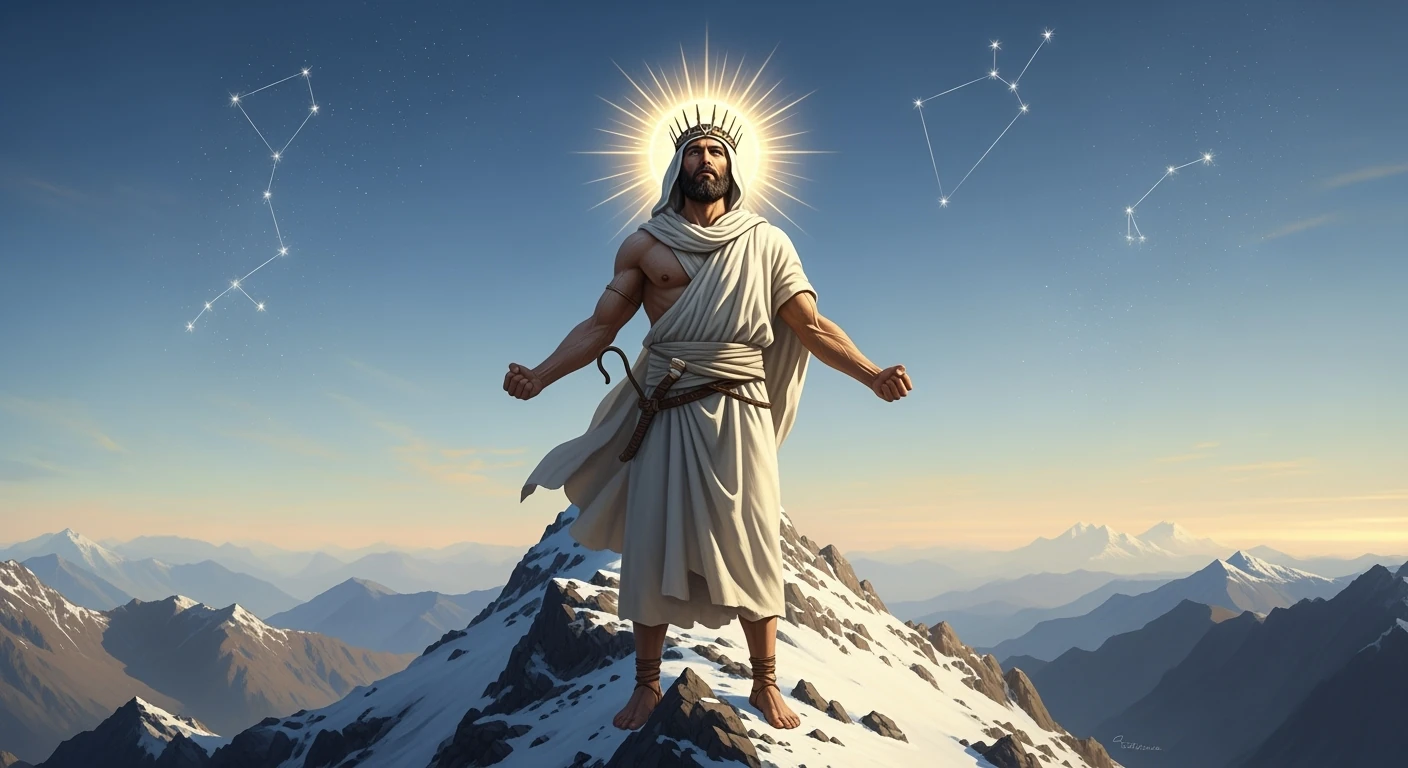 Abstract warrior figure standing triumphantly on a mountain peak with a crown of light, representing spiritual victory