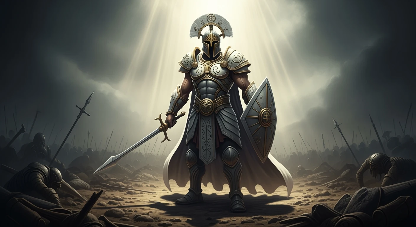 Abstract warrior in divine armor standing victorious on a battlefield with light defeating darkness