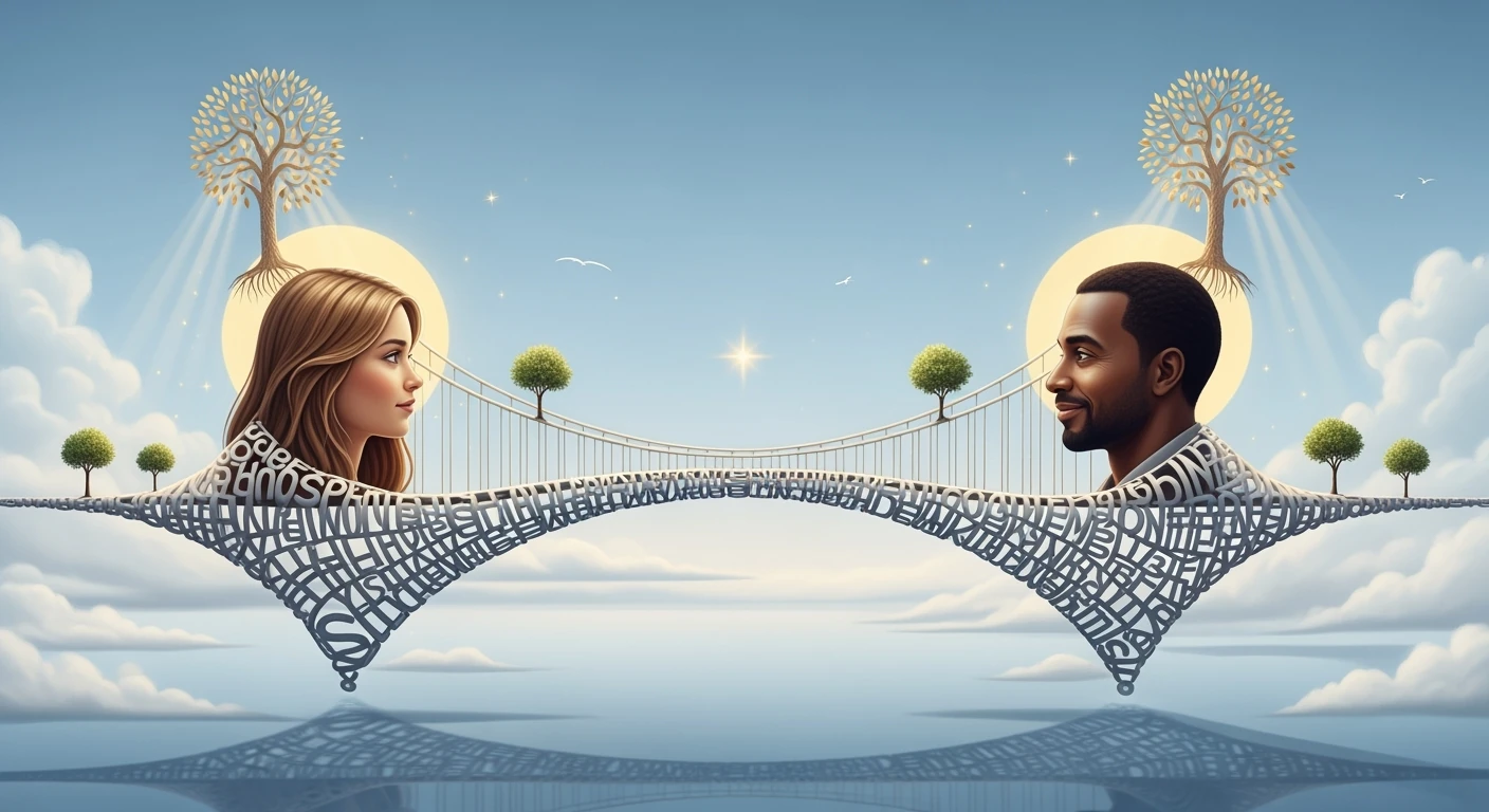Abstract bridge of words connecting two minds, representing the power of clear communication