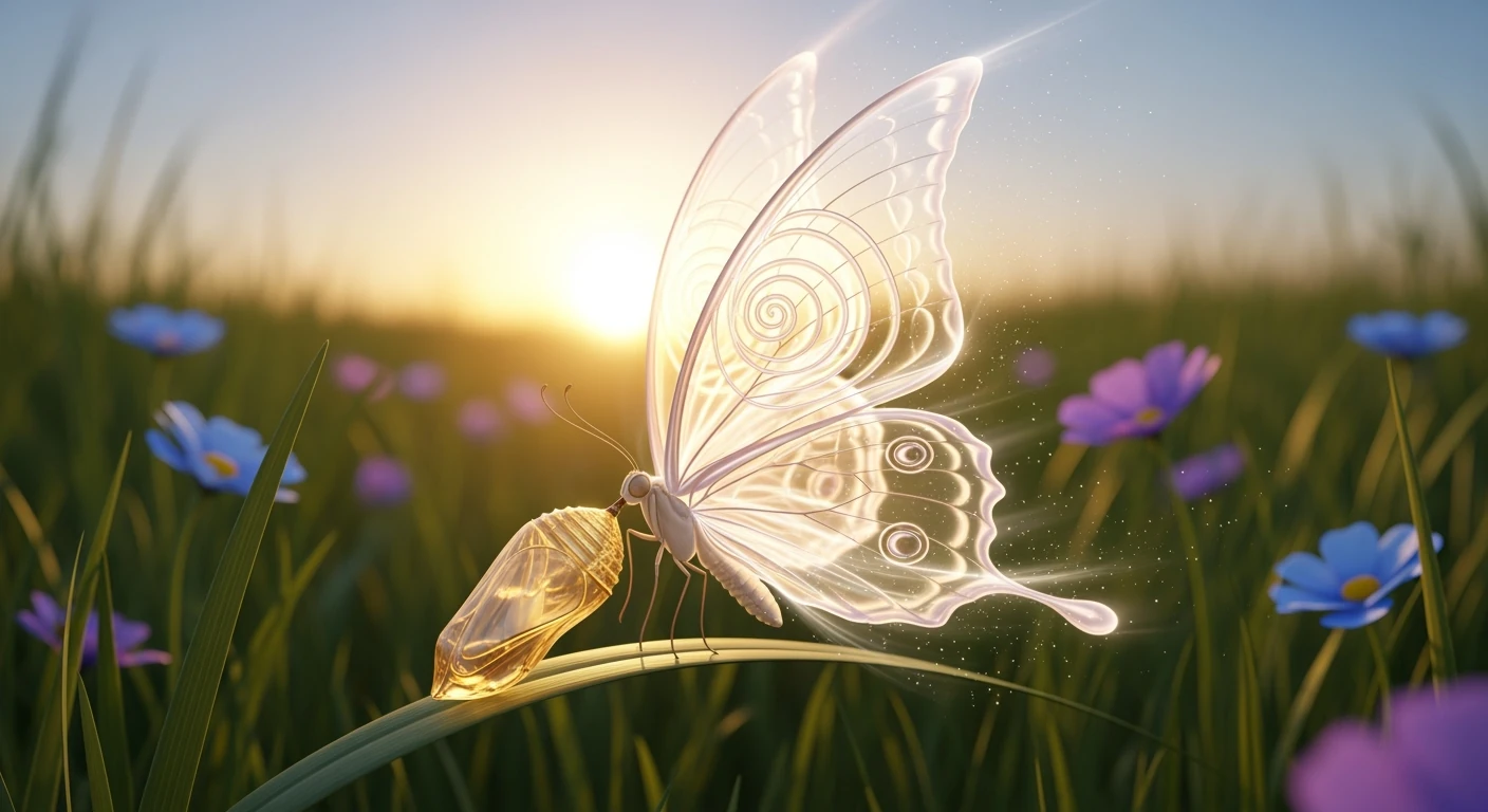 Abstract butterfly emerging from chrysalis with wings of light, representing divine transformation